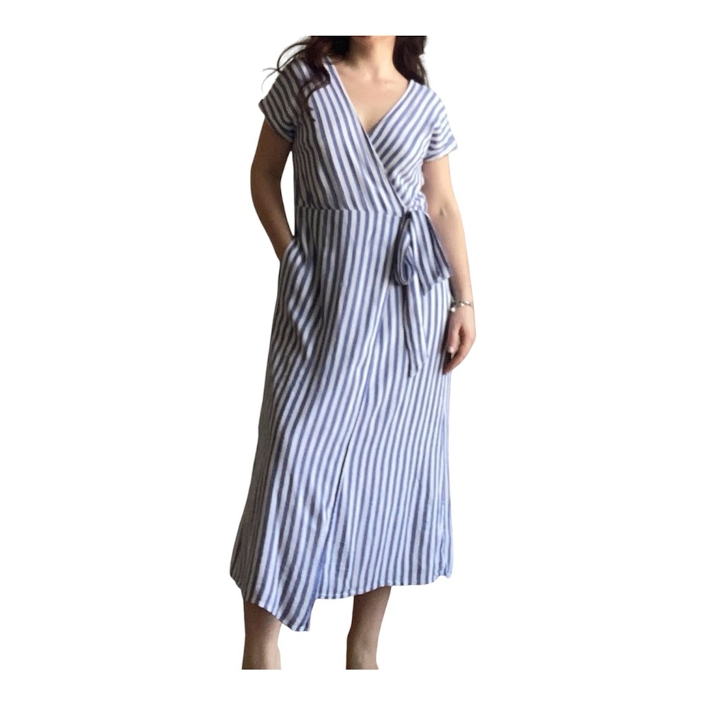 American Eagle Blue & White Striped Wrap Midi Dress with Pockets - Size M